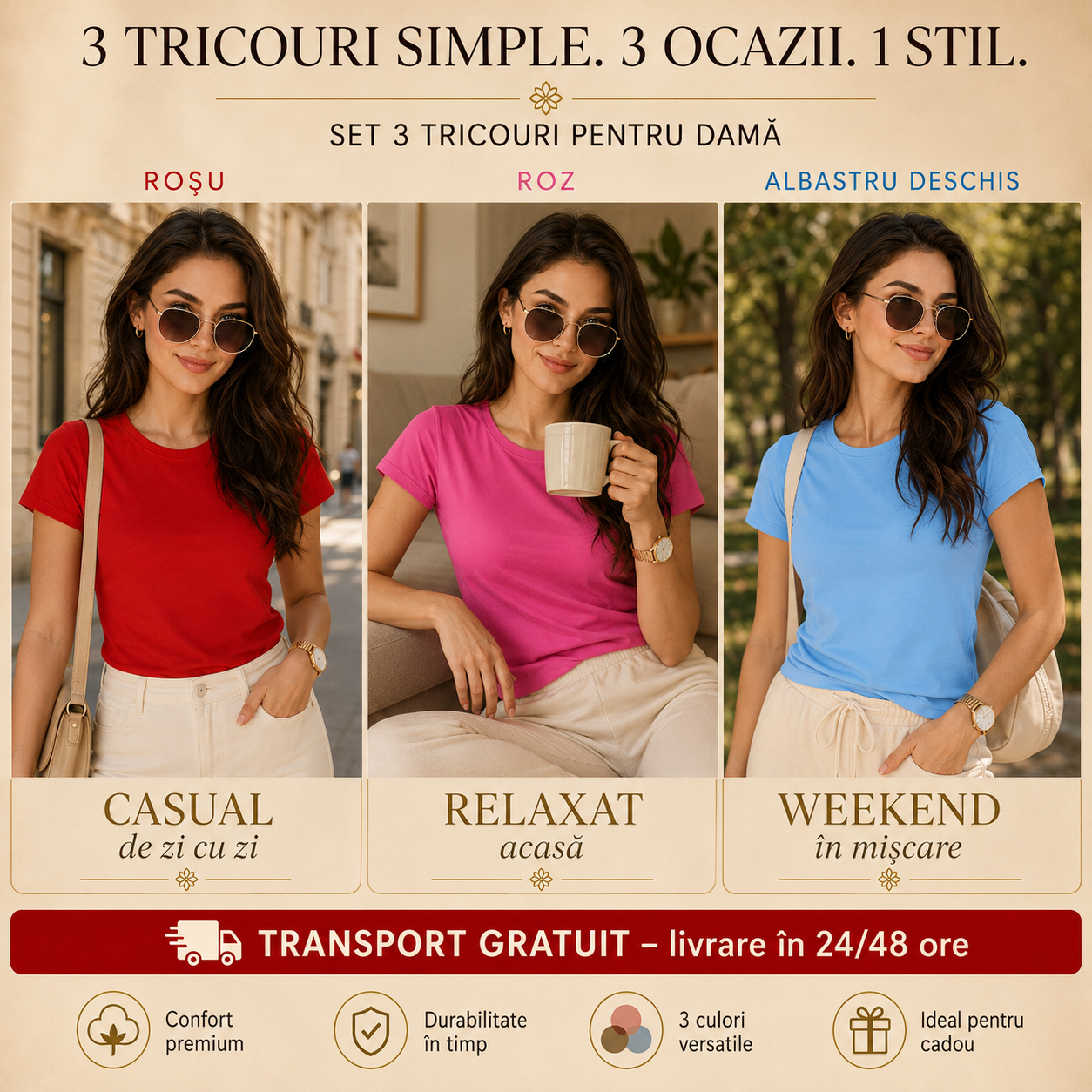 Tricouri damă simple din bumbac 100% roșu roz albastru
